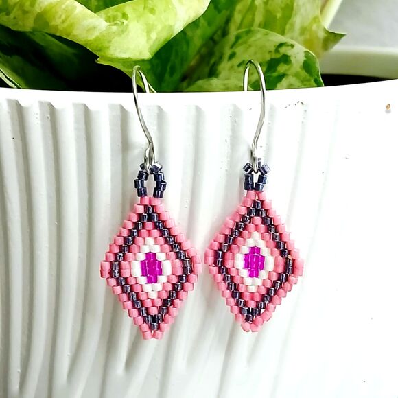 Seed Bead Diamond Geometric Dangle Earrings, Beaded Jewelry, Pink & Purple, 2" - Picture 7 of 7